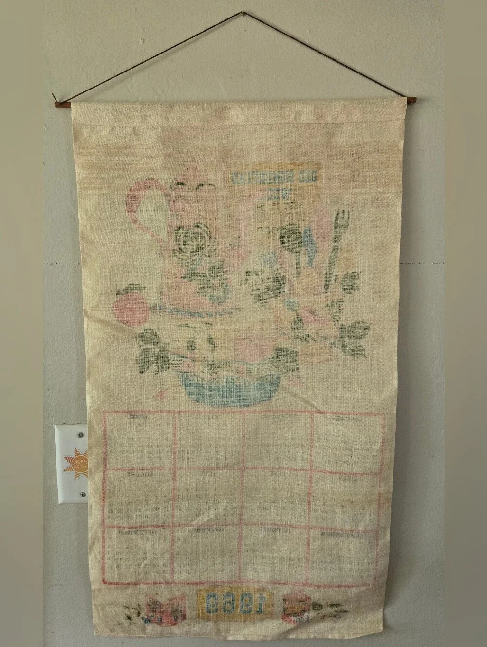 Vintage 1969 Calendar Linen Tea Towel w/ Rod & String to Hang Kitchen Theme